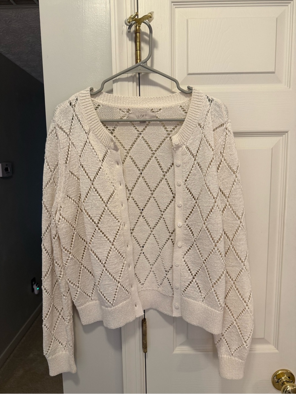 Large LOFT Cream Openwork Button-Front Sweater Cardigan